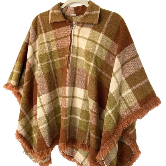 Vintage Chequered Plaid Brown Wool Poncho with Fringed Hem Union ILGWU Label - Picture 3 of 8